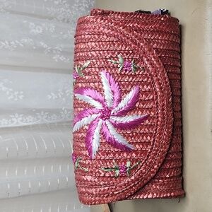 Vintage Pink/Red Straw Rattan Lined Clutch W/ Floral Embroidery